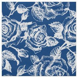 White Vintage Roses Pattern Custom Blue Background Fabric