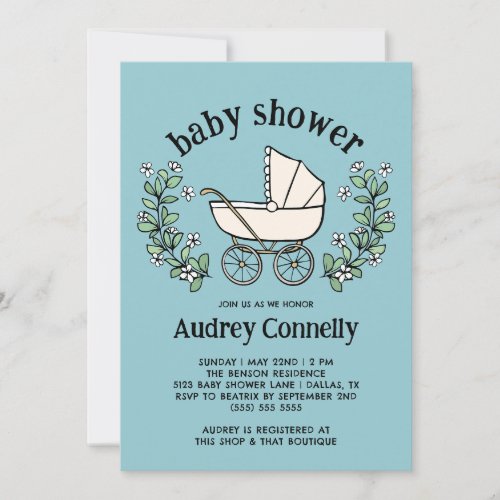 White Vintage Stroller Greenery Baby Shower Invitation
