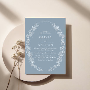 White Vintage Wreath Dusty Blue Wedding Invitation