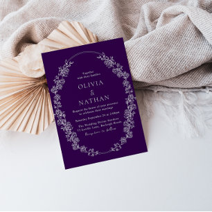 White Vintage Wreath Purple Wedding Invitation