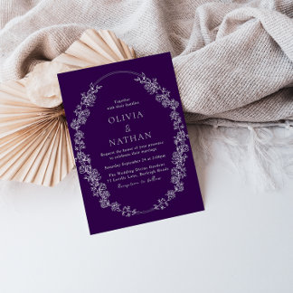 White Vintage Wreath Purple Wedding Invitation
