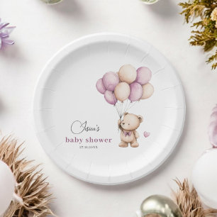White Violet Beige Teddy Bear Balloons Paper Plates