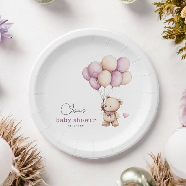 White Violet Beige Teddy Bear Balloons Paper Plates (Creator Uploaded)