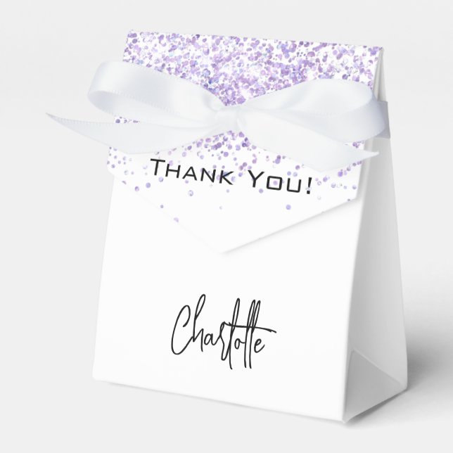White violet glitter sparkles name thank you favor boxes (Front Side)
