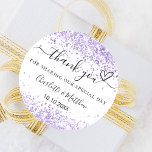 White violet lavender glitter wedding thank you classic round sticker<br><div class="desc">A stylish white background with purple faux glitter dust. Personalize and add your names and wedding date. With the text: Thank you for sharing our special day.</div>