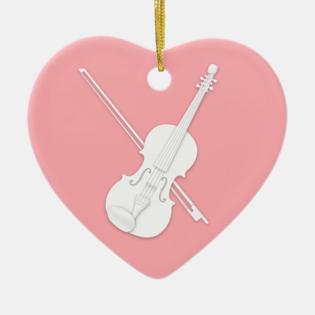 White Violin & Bow Mauve Pink Custom Heart Ceramic Ornament (Front)
