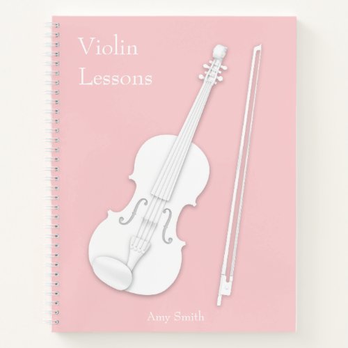 White Violin  Bow Music Student Rose Pink Custom Notebook