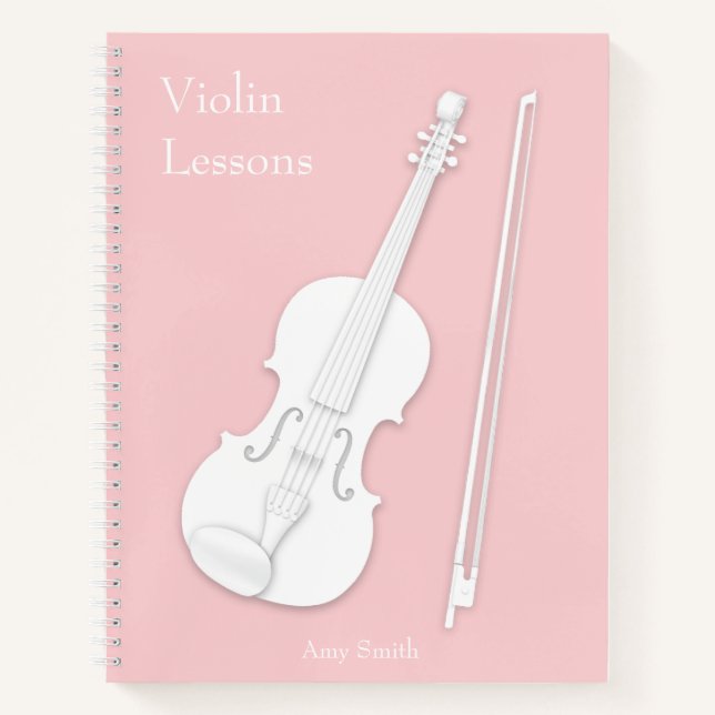 White Violin & Bow Music Student Rose Pink Custom Notebook (Front)