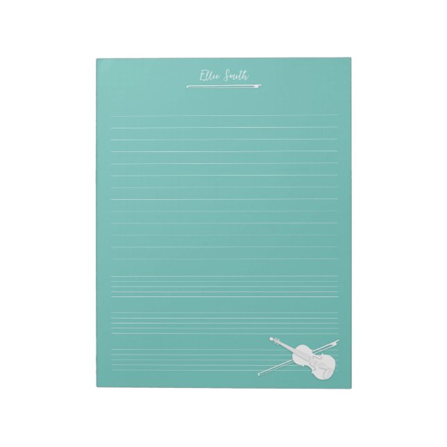 White Violin & Bow Personalized Music Class Aqua Notepad (Rotated)