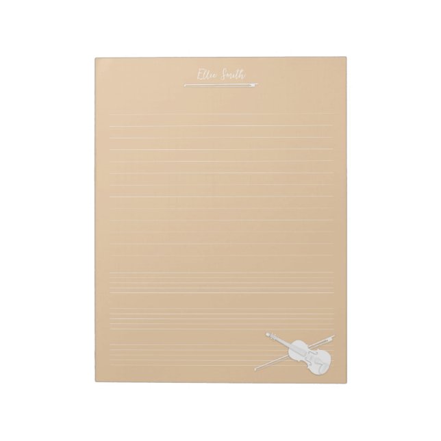 White Violin & Bow Personalized Music Class Beige Notepad (Rotated)