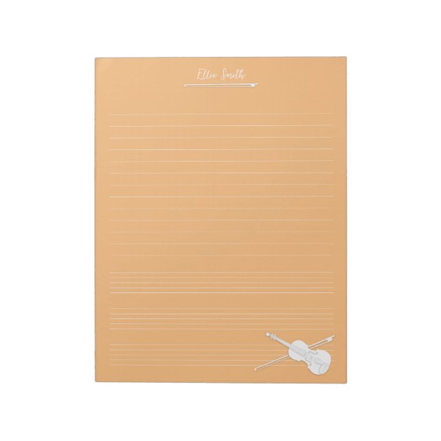White Violin & Bow Personalized Music Class Orange Notepad (Rotated)