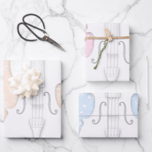 White Violin & Music Symbols Peach Pink Blue Wrapping Paper Sheets