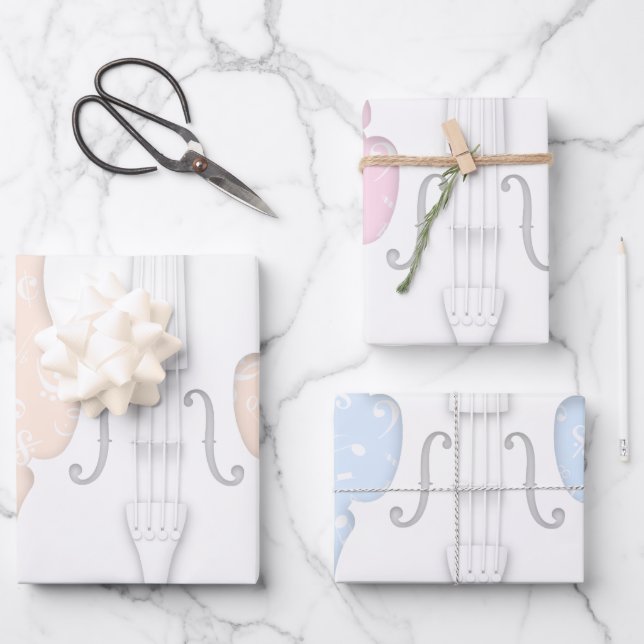 White Violin & Music Symbols Peach Pink Blue Wrapping Paper Sheets (Front)