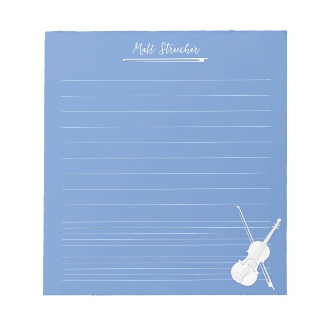 White Violin Personalized Music Lesson Dusky Blue Notepad (Front)