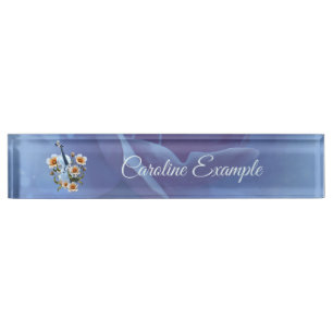 White Violin with Flowers – Elegant Music & Nature Desk Name Plate