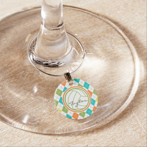 White Volleyball on Colorful Argyle Pattern Wine Glass Charm
