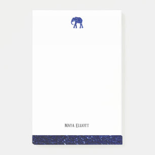 White w/ Blue Faux Glitter Elephant & Border, Name Post-it Notes