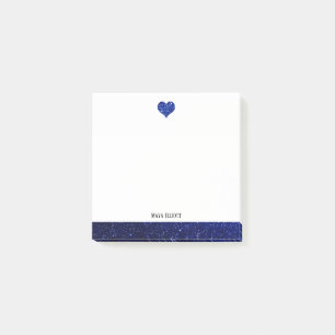 White w/ Blue Faux Glitter Heart & Border + Name Post-it Notes