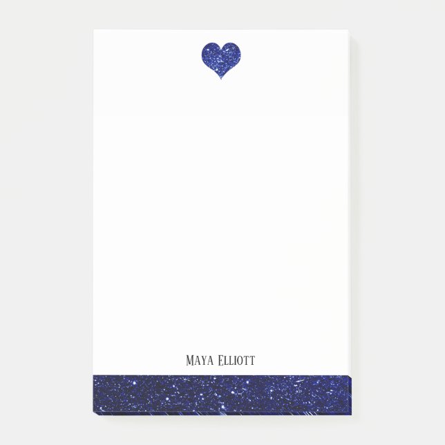 White w/ Blue Faux Glitter Heart & Border + Name Post-it Notes (Front)