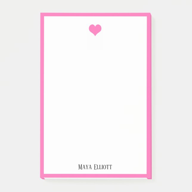 White w/ Bright Pink Heart & Border + Name Post-it Notes (Front)