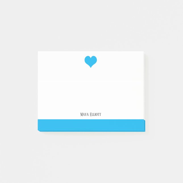White w/ Bright Sky Blue Heart & Border + Name Post-it Notes (Front)