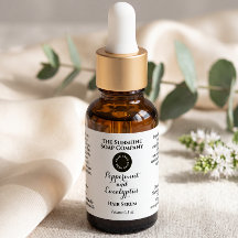 White w curly text and logo dropper bottle label