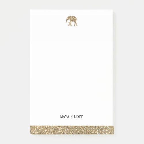 White w Gold Faux Glitter Elephant  Border Name Post_it Notes