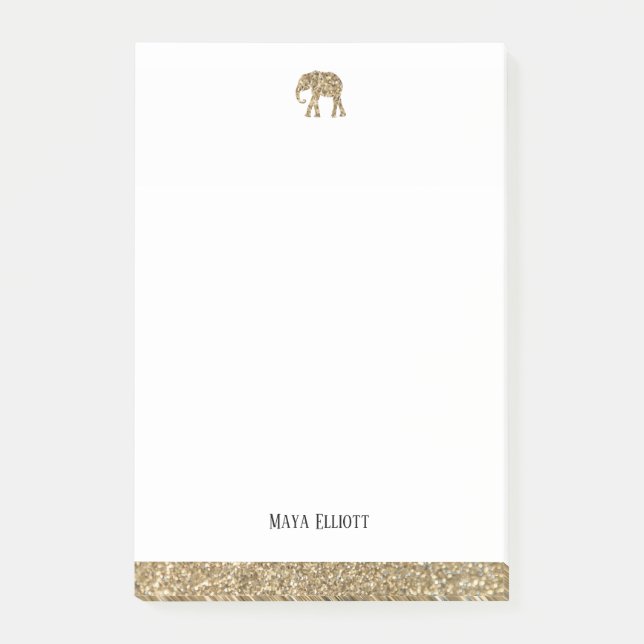 White w/ Gold Faux Glitter Elephant & Border, Name Post-it Notes (Front)