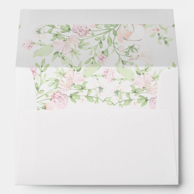 White w/ Pink & Green Watercolor Interior Wedding Envelope (Back (Bottom))