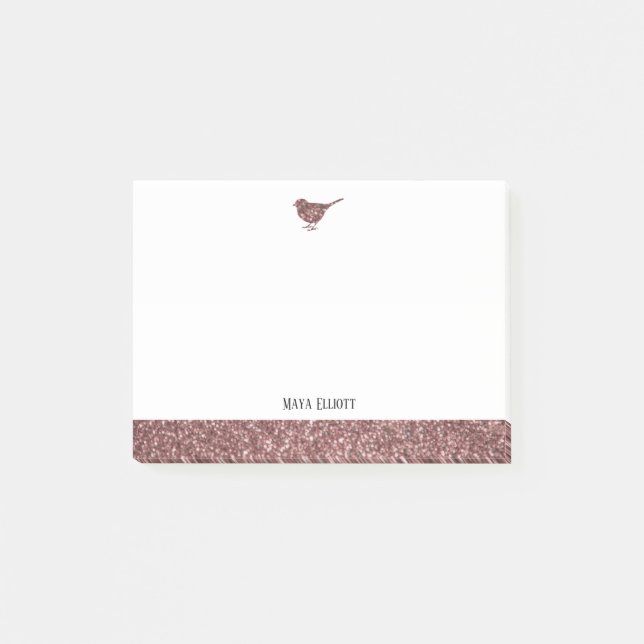White w/ Rose Gold Faux Glitter Bird & Border Post-it Notes (Front)