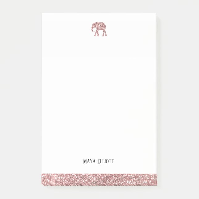 White w/ Rose Gold Faux Glitter Elephant & Border Post-it Notes (Front)