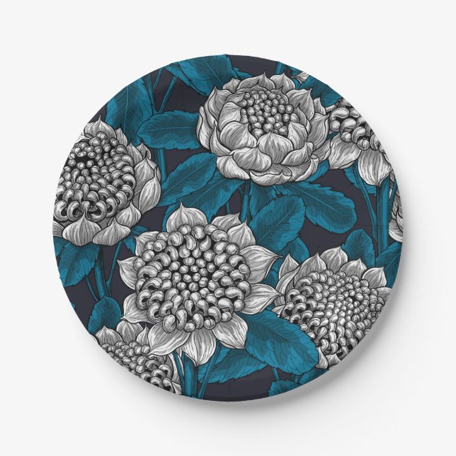 White waratah flowers paper plates (Front)