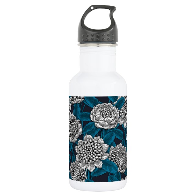 White waratah flowers stainless steel water bottle (Front)