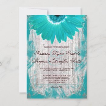 White Wash Teal Daisy Country Wedding Invitations by RusticCountryWedding at Zazzle