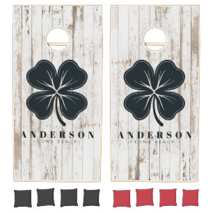 White Wash Wooden Board Four Leaf Clover with Name Cornhole Set