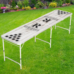 White Wash Wooden Boards Family Name & Initial Beer Pong Table