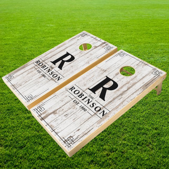 White Wash Wooden Boards Family Name & Initial Cornhole Set (Creator Uploaded)