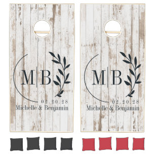 White Wash Wooden Boards Leaf Wedding Monogram Cornhole Set