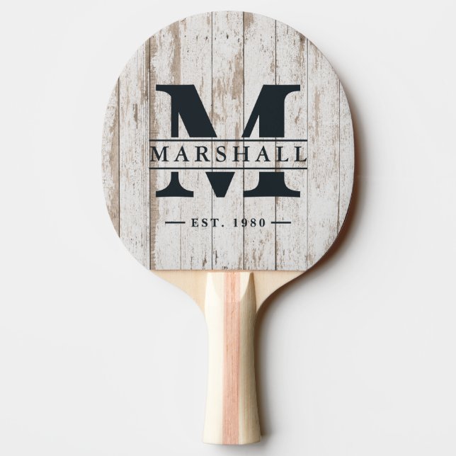 White Wash Wooden Boards Monogram & Name Overlay Ping Pong Paddle (Back)