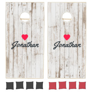 White Wash Wooden Boards Vintage Heart Signature Cornhole Set