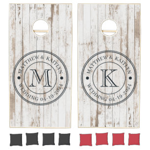 White Wash Wooden Boards Wedding Monogram Cornhole Set