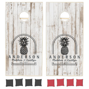 White Wash Wooden Pineapple Wedding Arch & Name Cornhole Set