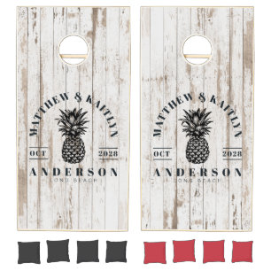 White Wash Wooden Tropical Pineapple Wedding Crest Cornhole Set