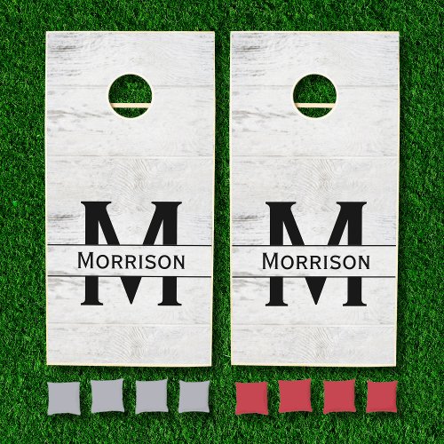 White Washed Rustic Wood Monogram Family Name Cornhole Set