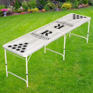 White Washed Wood Family Name & Initial Beer Pong Table