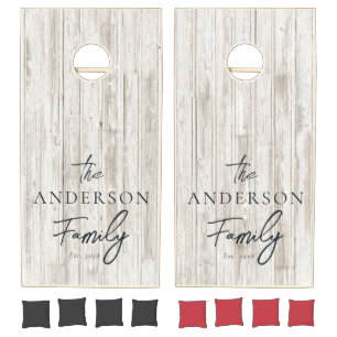 White Washed Wood Hand Written Family Name Cornhole Set