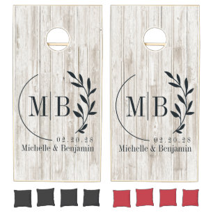 White Washed Wood Leaf Wedding Monogram Cornhole Set