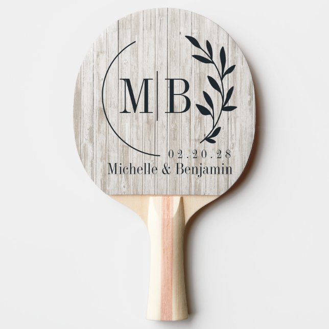 White Washed Wood Leaf Wedding Monogram Ping Pong Paddle (Back)