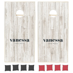 White Washed Wood Minimal Modern Classic Name Cornhole Set