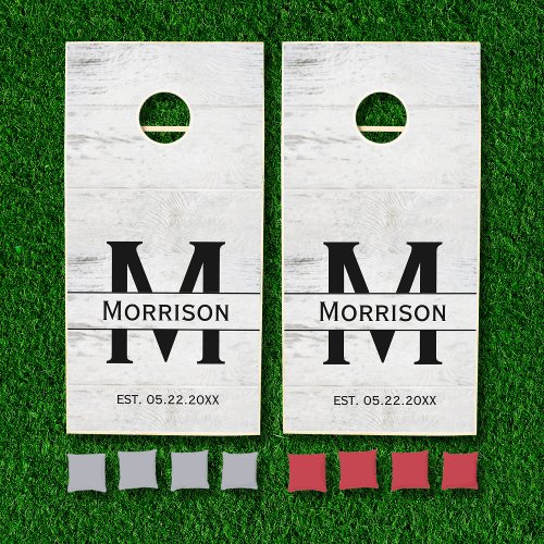 White Washed Wood Monogram Family Name Cornhole Set